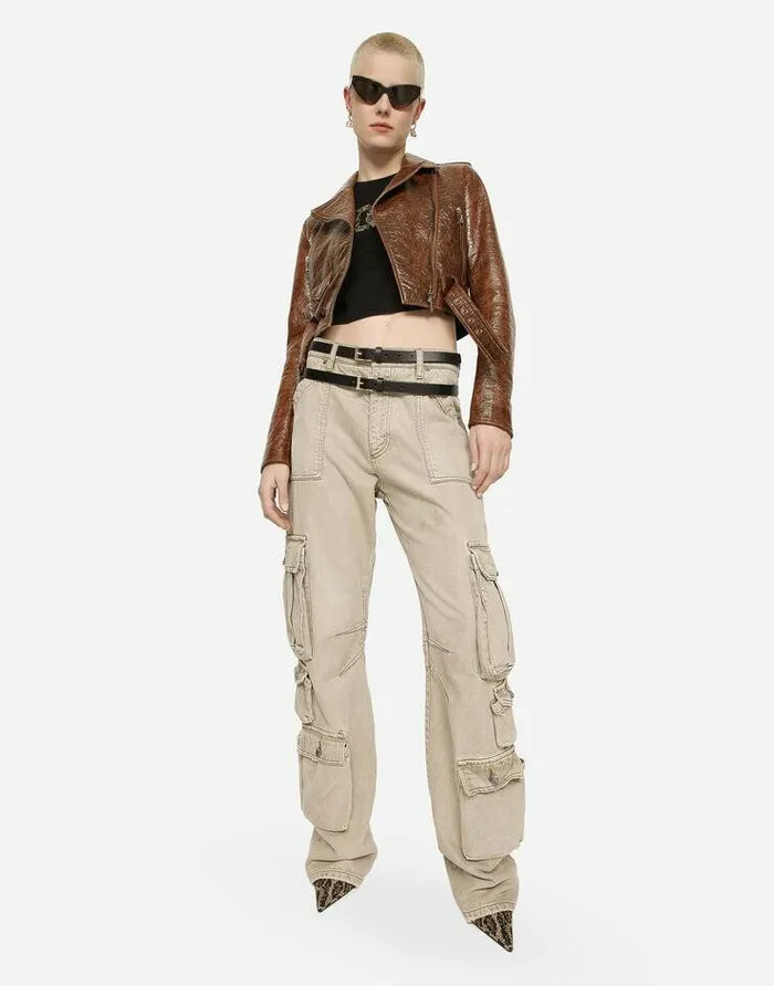 Dolce and Gabbana Coats And Jackets Women Coated Cotton Faux Leather Biker Jacket Brown Dolce and Gabbana Coats And Jackets Women Coated Cotton Faux Leather Biker Jacket Brown