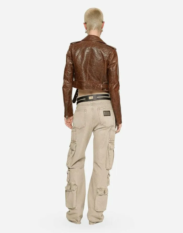 Dolce and Gabbana Coats And Jackets Women Coated Cotton Faux Leather Biker Jacket Brown Dolce and Gabbana Coats And Jackets Women Coated Cotton Faux Leather Biker Jacket Brown
