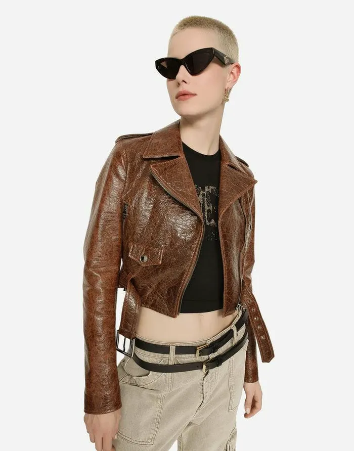 Dolce and Gabbana Coats And Jackets Women Coated Cotton Faux Leather Biker Jacket Brown Dolce and Gabbana Coats And Jackets Women Coated Cotton Faux Leather Biker Jacket Brown