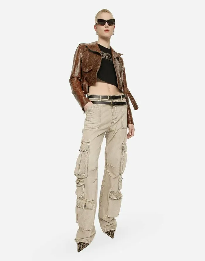Dolce and Gabbana Coats And Jackets Women Coated Cotton Faux Leather Biker Jacket Brown Dolce and Gabbana Coats And Jackets Women Coated Cotton Faux Leather Biker Jacket Brown