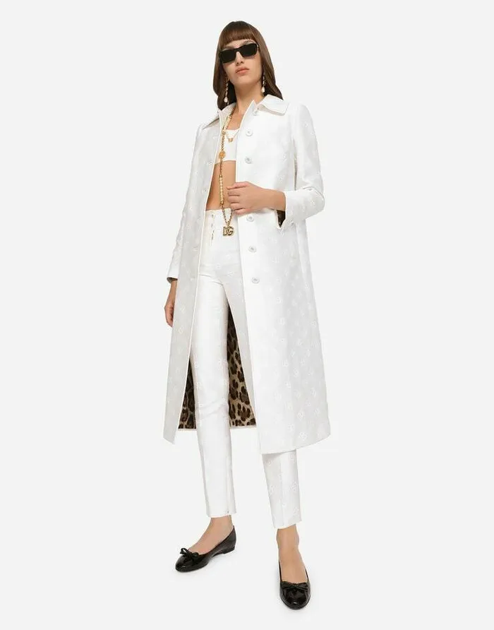 Dolce and Gabbana Coats And Jackets Women Jacquard Coat With Allover DG Logo White Dolce and Gabbana Coats And Jackets Women Jacquard Coat With Allover DG Logo White