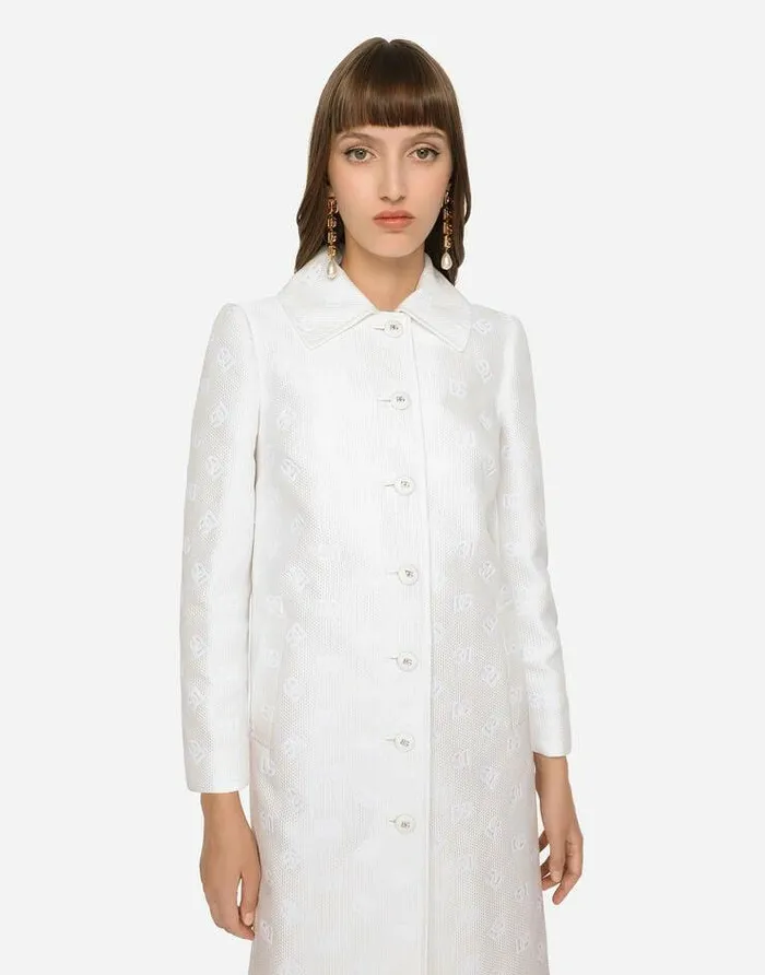 Dolce and Gabbana Coats And Jackets Women Jacquard Coat With Allover DG Logo White Dolce and Gabbana Coats And Jackets Women Jacquard Coat With Allover DG Logo White