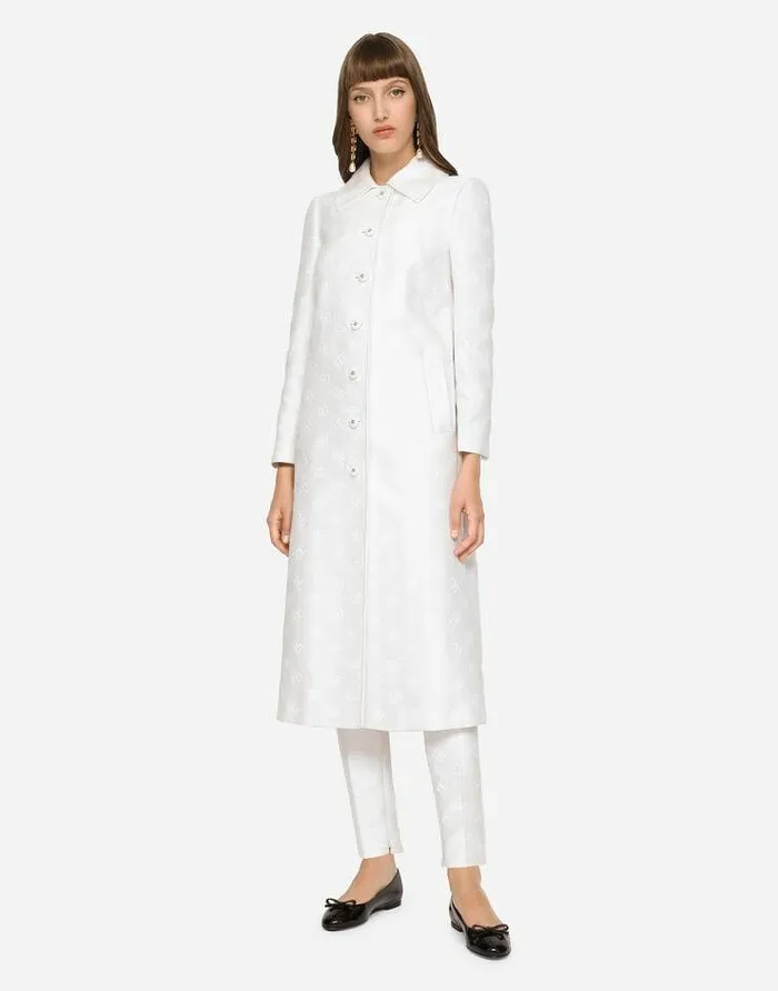 Dolce and Gabbana Coats And Jackets Women Jacquard Coat With Allover DG Logo White Dolce and Gabbana Coats And Jackets Women Jacquard Coat With Allover DG Logo White