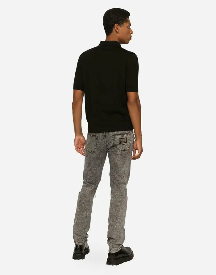 Dolce and Gabbana Denim Men Light Gray Slimfit Stretch Jeans With Rips Multicolor Dolce and Gabbana Denim Men Light Gray Slimfit Stretch Jeans With Rips Multicolor