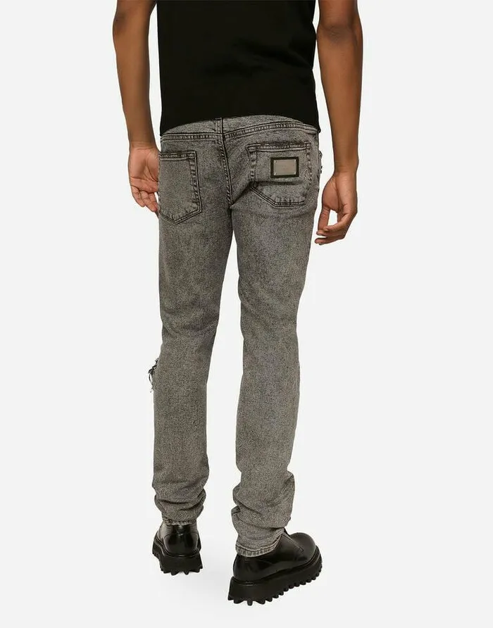 Dolce and Gabbana Denim Men Light Gray Slimfit Stretch Jeans With Rips Multicolor Dolce and Gabbana Denim Men Light Gray Slimfit Stretch Jeans With Rips Multicolor