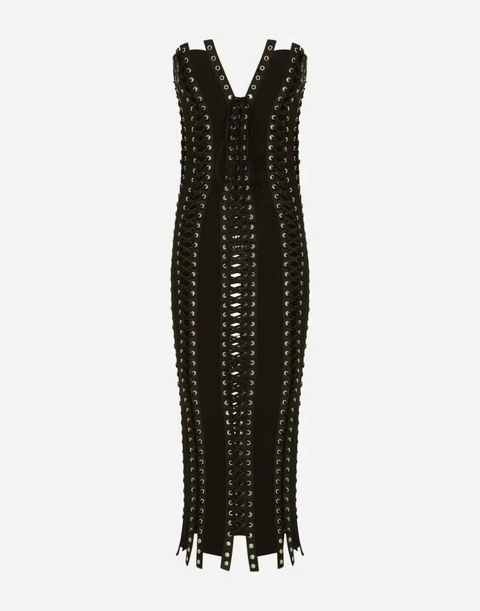 Dolce and Gabbana Dresses Women Charmeuse Calflength Dress With Laces And Eyelets Black Dolce and Gabbana Dresses Women Charmeuse Calflength Dress With Laces And Eyelets Black