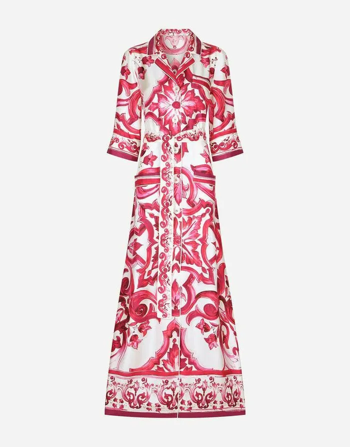 Dolce and Gabbana Dresses Women Long Majolicaprint Twill Shirt Dress Multicolor