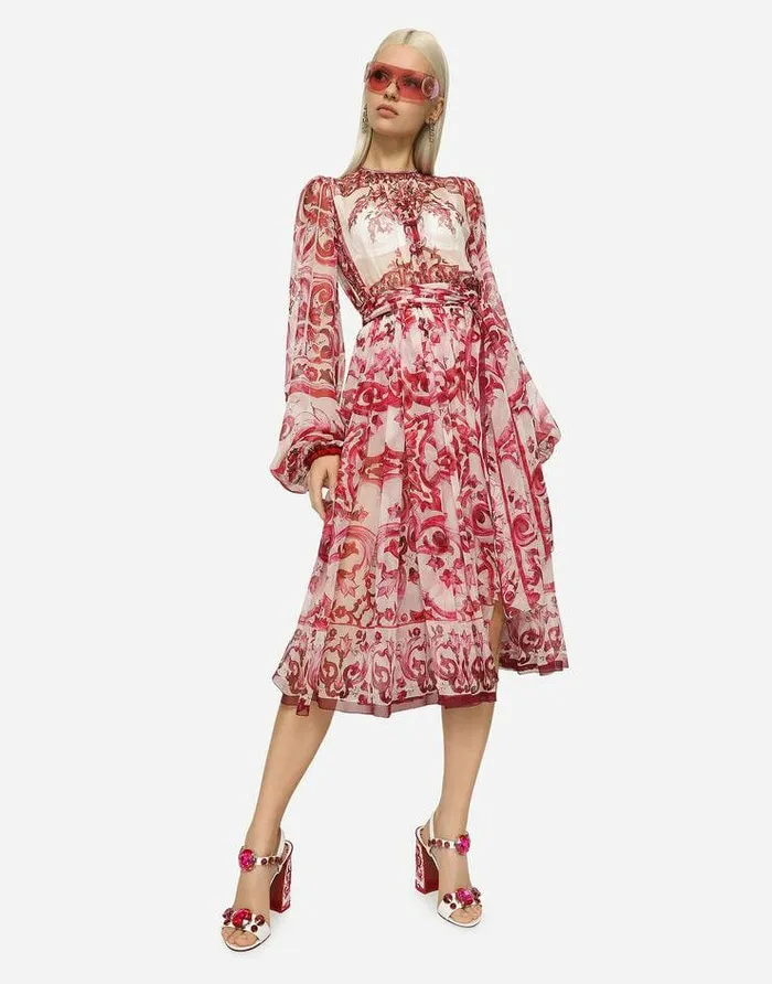 Dolce and Gabbana Dresses Women Majolica Print Chiffon Midi Dress Multicolor Dolce and Gabbana Dresses Women Majolica Print Chiffon Midi Dress Multicolor