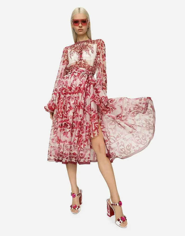 Dolce and Gabbana Dresses Women Majolica Print Chiffon Midi Dress Multicolor Dolce and Gabbana Dresses Women Majolica Print Chiffon Midi Dress Multicolor