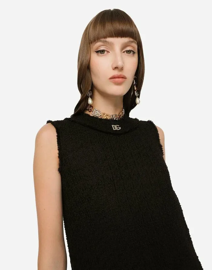 Dolce and Gabbana Dresses Women Raschel Tweed Calflength Dress With DG Logo Black Dolce and Gabbana Dresses Women Raschel Tweed Calflength Dress With DG Logo Black