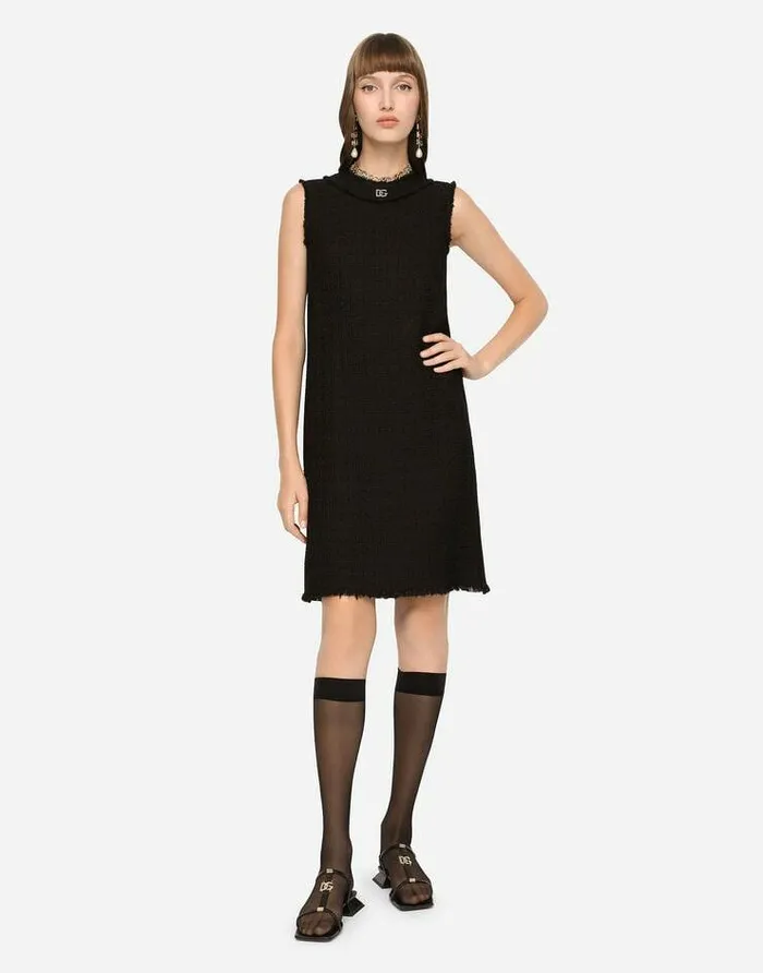 Dolce and Gabbana Dresses Women Raschel Tweed Calflength Dress With DG Logo Black Dolce and Gabbana Dresses Women Raschel Tweed Calflength Dress With DG Logo Black