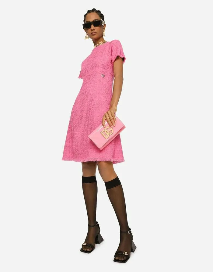 Dolce and Gabbana Dresses Women Raschel Tweed Calflength Dress With DG Logo Pink Dolce and Gabbana Dresses Women Raschel Tweed Calflength Dress With DG Logo Pink