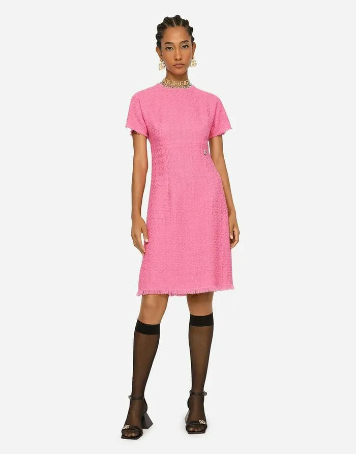 Dolce and Gabbana Dresses Women Raschel Tweed Calflength Dress With DG Logo Pink Dolce and Gabbana Dresses Women Raschel Tweed Calflength Dress With DG Logo Pink