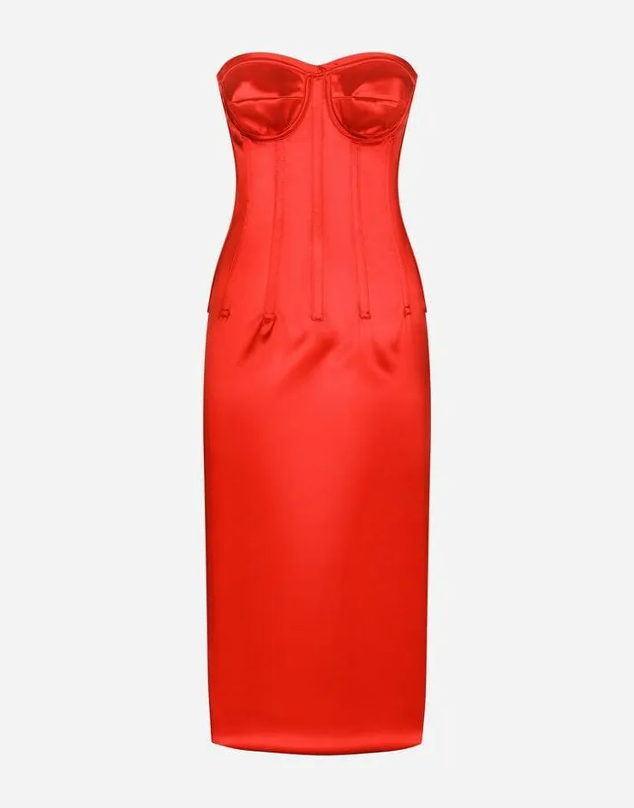 Dolce and Gabbana Dresses Women Satin Calflength Dress With Corset Details Red Dolce and Gabbana Dresses Women Satin Calflength Dress With Corset Details Red