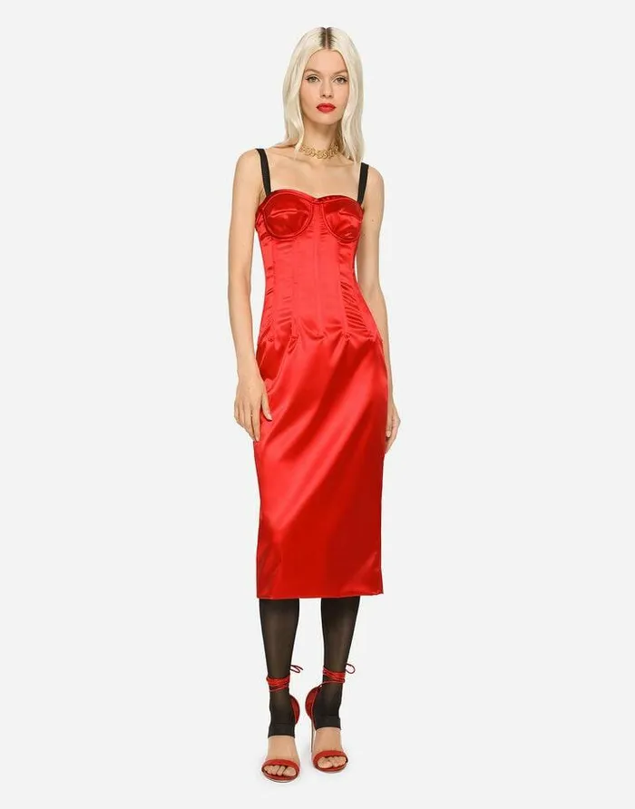 Dolce and Gabbana Dresses Women Satin Calflength Dress With Corset Details Red Dolce and Gabbana Dresses Women Satin Calflength Dress With Corset Details Red