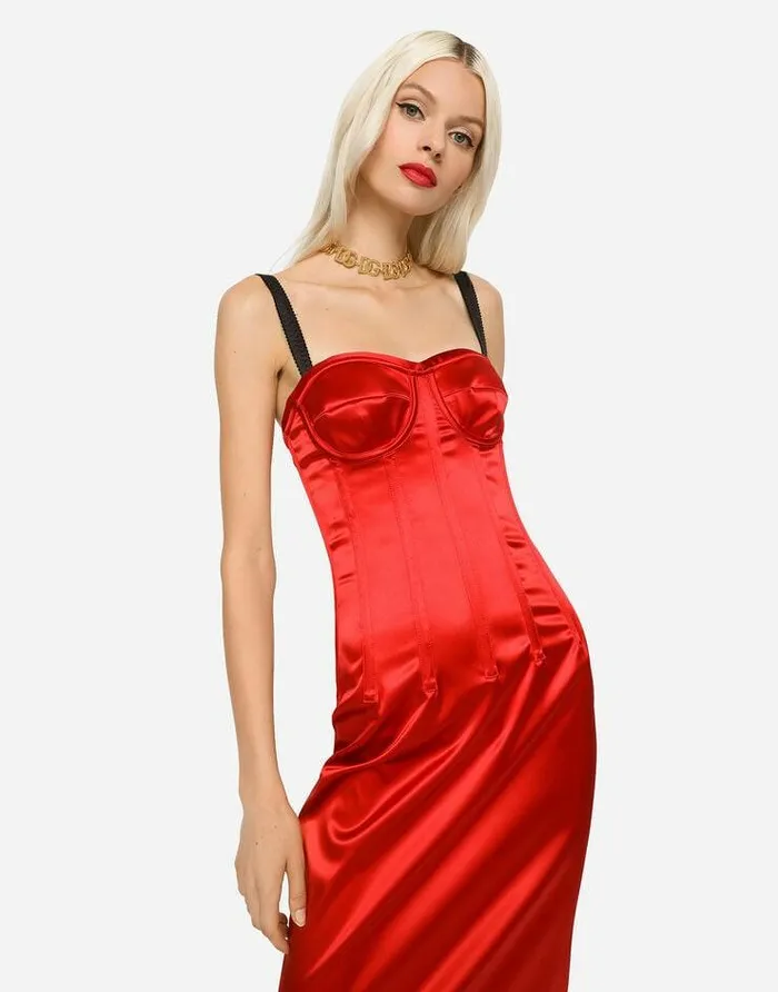 Dolce and Gabbana Dresses Women Satin Calflength Dress With Corset Details Red Dolce and Gabbana Dresses Women Satin Calflength Dress With Corset Details Red