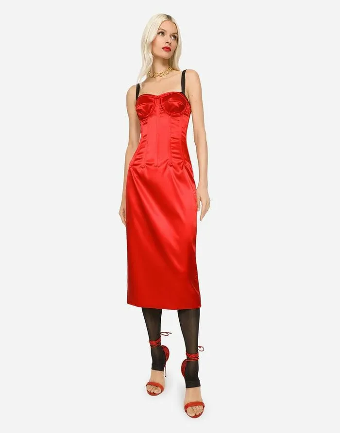 Dolce and Gabbana Dresses Women Satin Calflength Dress With Corset Details Red Dolce and Gabbana Dresses Women Satin Calflength Dress With Corset Details Red