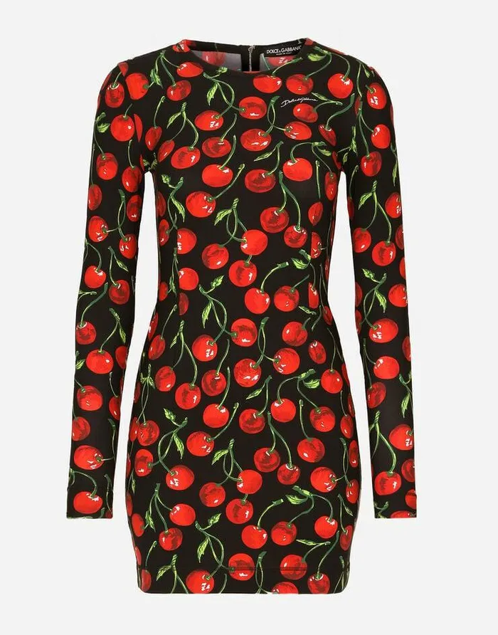 Dolce and Gabbana Dresses Women Short Longsleeved Jersey Dress With Cherry Print Multicolor Dolce and Gabbana Dresses Women Short Longsleeved Jersey Dress With Cherry Print Multicolor