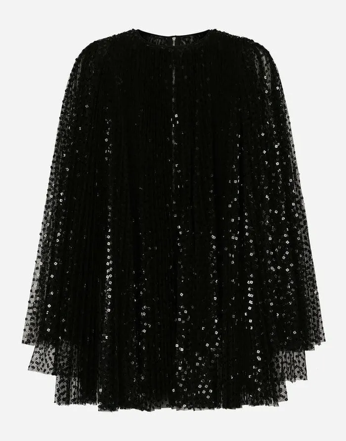 Dolce and Gabbana Dresses Women Short Pleated Dress With Full Sequined Sleeves Black