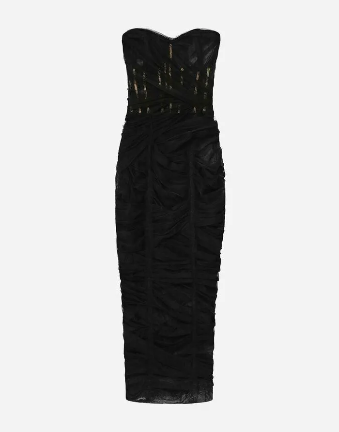 Dolce and Gabbana Dresses Women Tulle Calflength Corset Dress With Draping Black Dolce and Gabbana Dresses Women Tulle Calflength Corset Dress With Draping Black