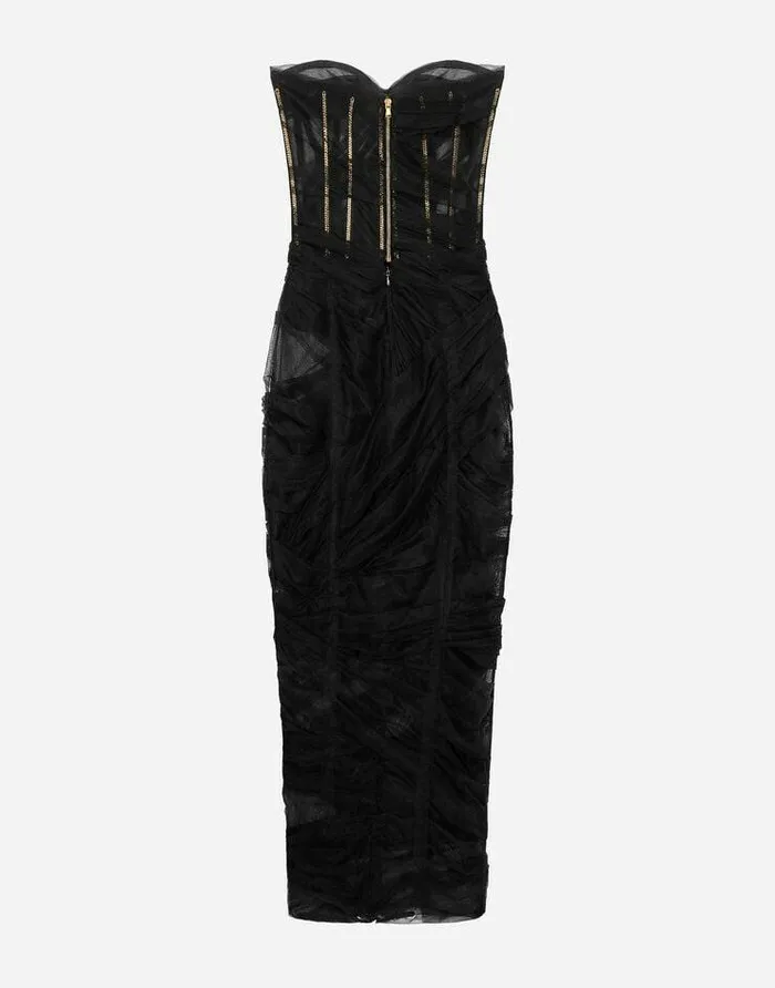 Dolce and Gabbana Dresses Women Tulle Calflength Corset Dress With Draping Black Dolce and Gabbana Dresses Women Tulle Calflength Corset Dress With Draping Black