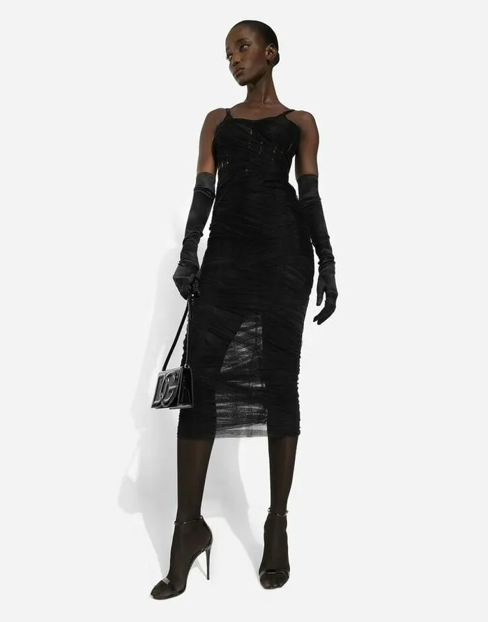 Dolce and Gabbana Dresses Women Tulle Calflength Corset Dress With Draping Black Dolce and Gabbana Dresses Women Tulle Calflength Corset Dress With Draping Black