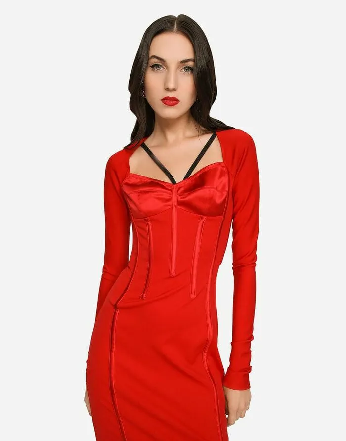 Dolce and Gabbana Dresses Women Viscose Calflength Dress With Corset Details Red Dolce and Gabbana Dresses Women Viscose Calflength Dress With Corset Details Red