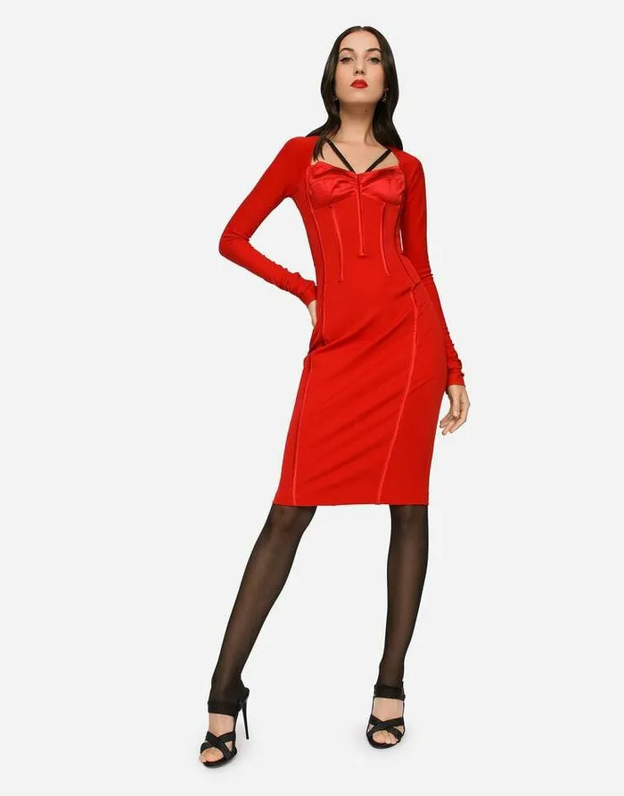 Dolce and Gabbana Dresses Women Viscose Calflength Dress With Corset Details Red Dolce and Gabbana Dresses Women Viscose Calflength Dress With Corset Details Red