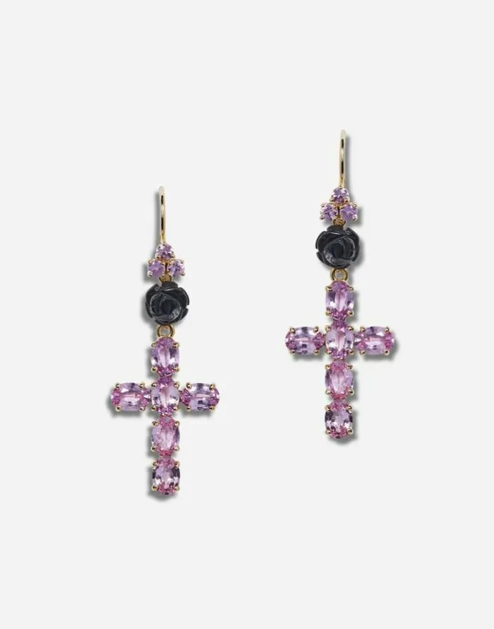 Dolce and Gabbana Earrings Women Family Yellow Gold Earrings With Rose And Cross Pendant Gold