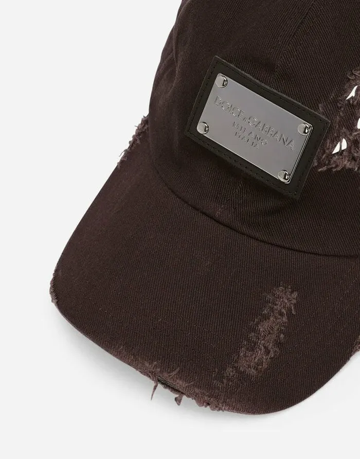 Dolce and Gabbana Hats And Gloves Men Cotton Baseball Cap With Logo Tag Brown