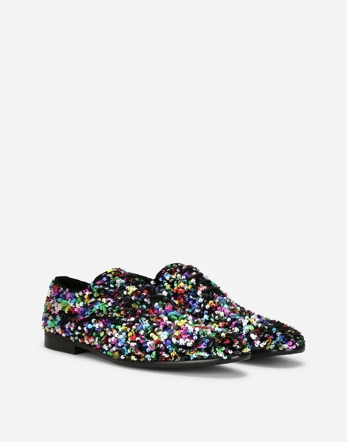 Dolce and Gabbana LaceUps Men Velvet Raffaello Derby Shoes With Allover Sequins Multicolor Dolce and Gabbana LaceUps Men Velvet Raffaello Derby Shoes With Allover Sequins Multicolor