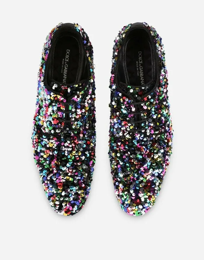 Dolce and Gabbana LaceUps Men Velvet Raffaello Derby Shoes With Allover Sequins Multicolor Dolce and Gabbana LaceUps Men Velvet Raffaello Derby Shoes With Allover Sequins Multicolor