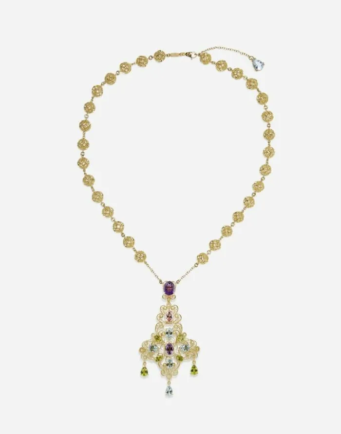 Dolce and Gabbana Necklaces Women Pizzo Necklace In Yellow Gold Filigree With Amethysts Aquamarines Peridots And Morganite Gold Dolce and Gabbana Necklaces Women Pizzo Necklace In Yellow Gold Filigree With Amethysts Aquamarines Peridots And Morganite Gold