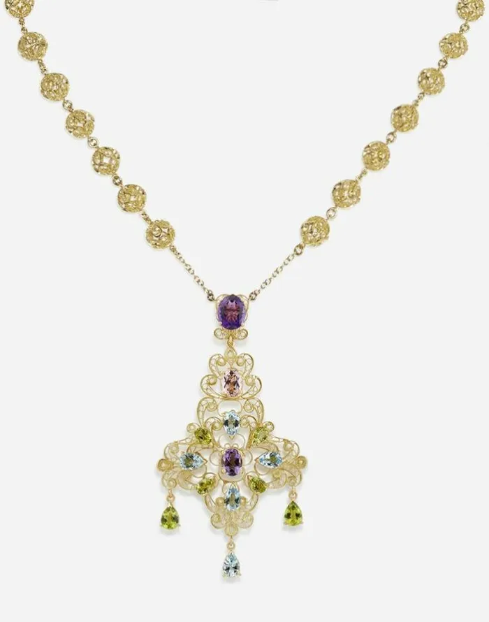 Dolce and Gabbana Necklaces Women Pizzo Necklace In Yellow Gold Filigree With Amethysts Aquamarines Peridots And Morganite Gold Dolce and Gabbana Necklaces Women Pizzo Necklace In Yellow Gold Filigree With Amethysts Aquamarines Peridots And Morganite Gold