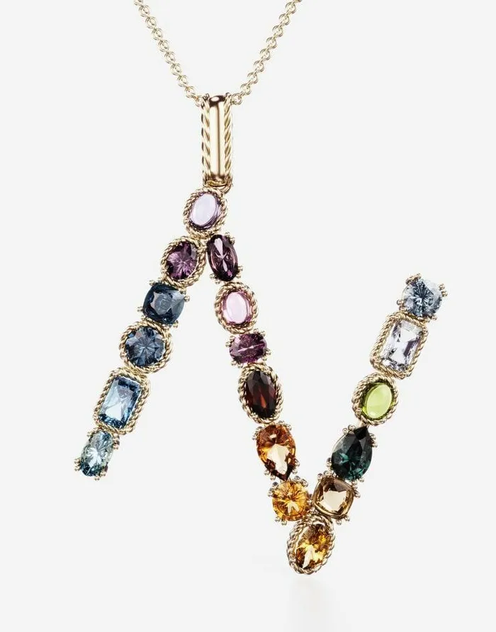 Dolce and Gabbana Necklaces Women Rainbow Alphabet N Pendant In Yellow Gold With Multicolor Fine Gems Gold Dolce and Gabbana Necklaces Women Rainbow Alphabet N Pendant In Yellow Gold With Multicolor Fine Gems Gold
