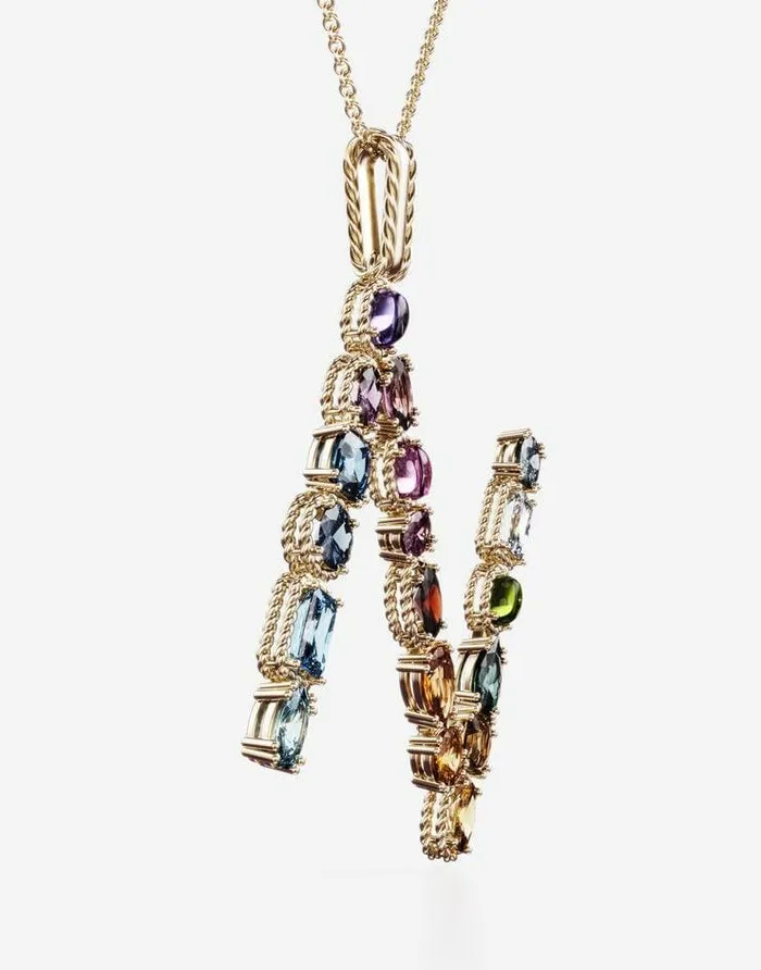 Dolce and Gabbana Necklaces Women Rainbow Alphabet N Pendant In Yellow Gold With Multicolor Fine Gems Gold Dolce and Gabbana Necklaces Women Rainbow Alphabet N Pendant In Yellow Gold With Multicolor Fine Gems Gold