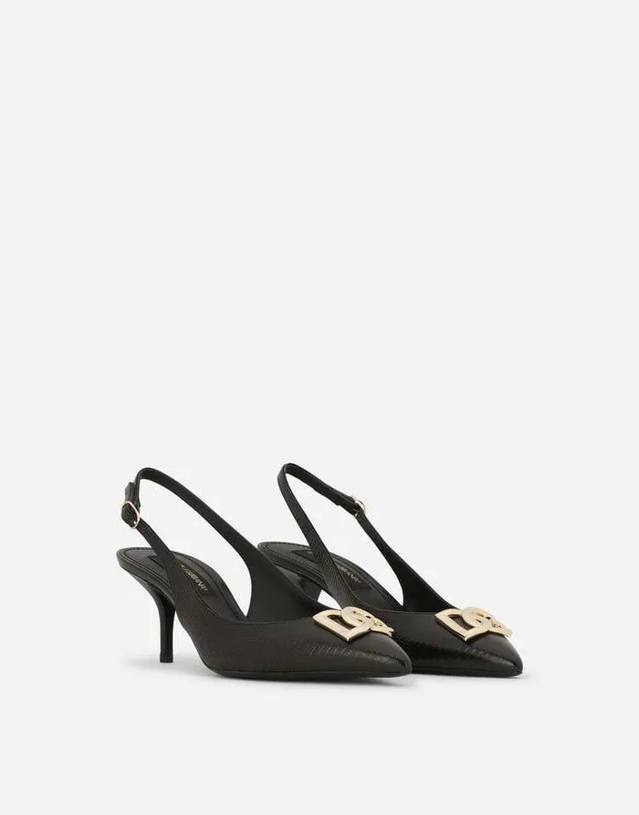 Dolce and Gabbana Pumps And Slingback Women Iguanaprint Calfskin Slingbacks With DG Logo Black Dolce and Gabbana Pumps And Slingback Women Iguanaprint Calfskin Slingbacks With DG Logo Black