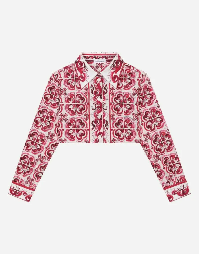 Dolce and Gabbana Shirts And Tops Children Cropped Poplin Shirt With Long Sleeves And Majolica Print Multicolor Dolce and Gabbana Shirts And Tops Children Cropped Poplin Shirt With Long Sleeves And Majolica Print Multicolor