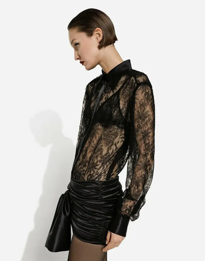 Dolce and Gabbana Shirts And Tops Women Chantilly Lace Shirt With Satin Details Black Dolce and Gabbana Shirts And Tops Women Chantilly Lace Shirt With Satin Details Black