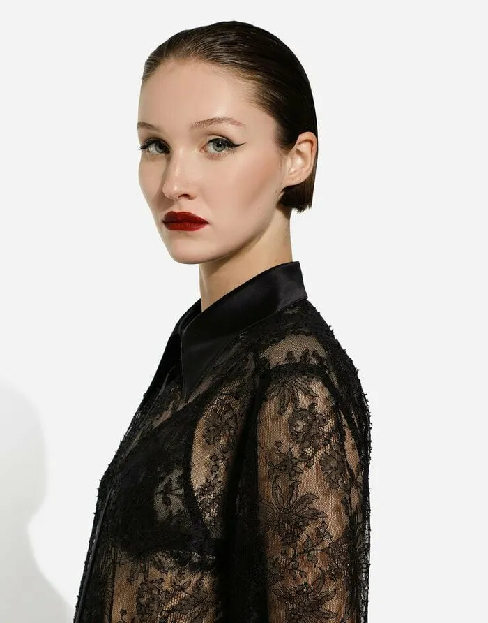 Dolce and Gabbana Shirts And Tops Women Chantilly Lace Shirt With Satin Details Black Dolce and Gabbana Shirts And Tops Women Chantilly Lace Shirt With Satin Details Black