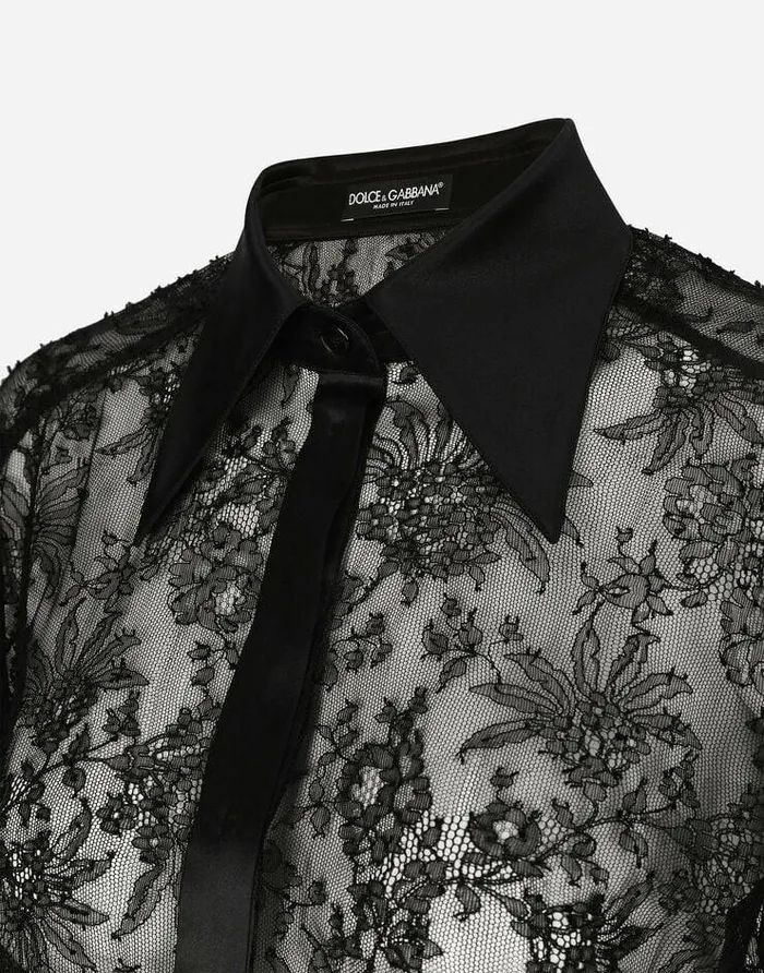 Dolce and Gabbana Shirts And Tops Women Chantilly Lace Shirt With Satin Details Black Dolce and Gabbana Shirts And Tops Women Chantilly Lace Shirt With Satin Details Black
