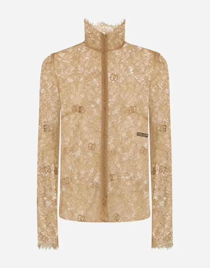 Dolce and Gabbana Shirts And Tops Women Floral Lace Turtleneck Blouse Beige