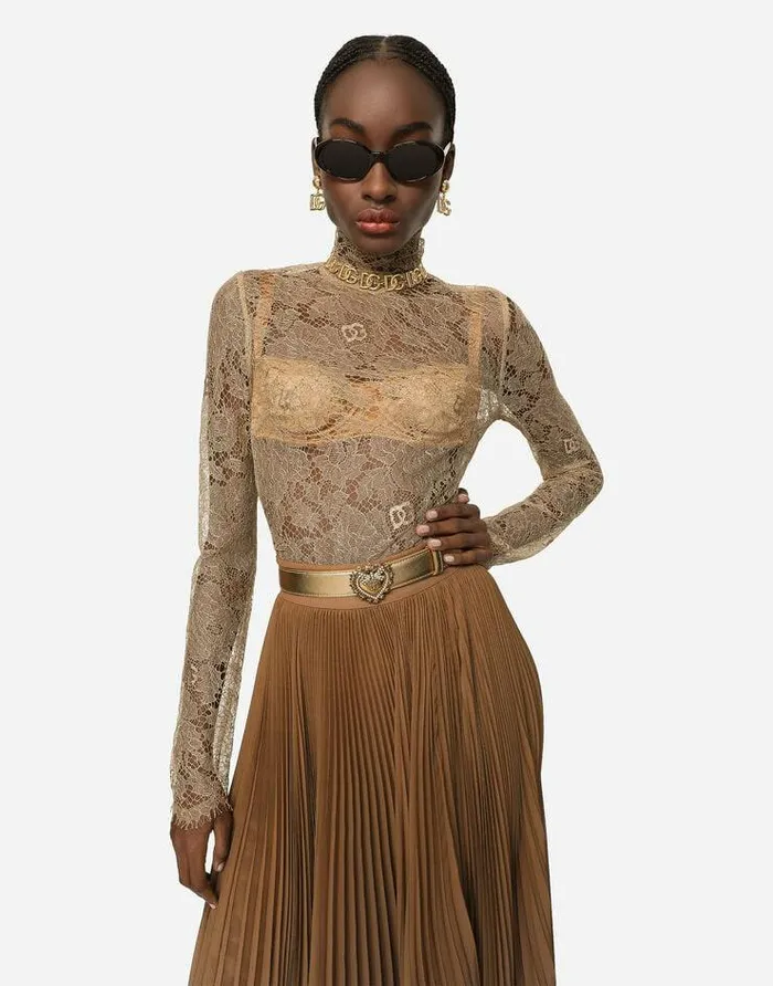 Dolce and Gabbana Shirts And Tops Women Floral Lace Turtleneck Blouse Beige Dolce and Gabbana Shirts And Tops Women Floral Lace Turtleneck Blouse Beige
