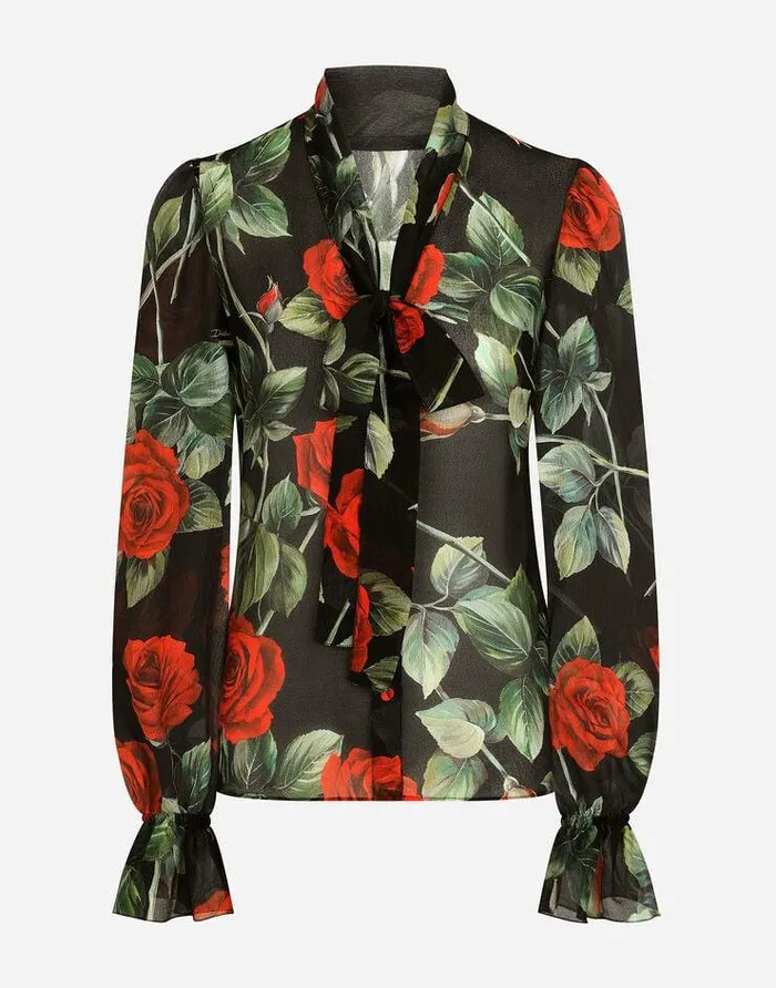 Dolce and Gabbana Shirts And Tops Women Textured Chiffon Pussybow Shirt With Rose Print Multicolor Dolce and Gabbana Shirts And Tops Women Textured Chiffon Pussybow Shirt With Rose Print Multicolor