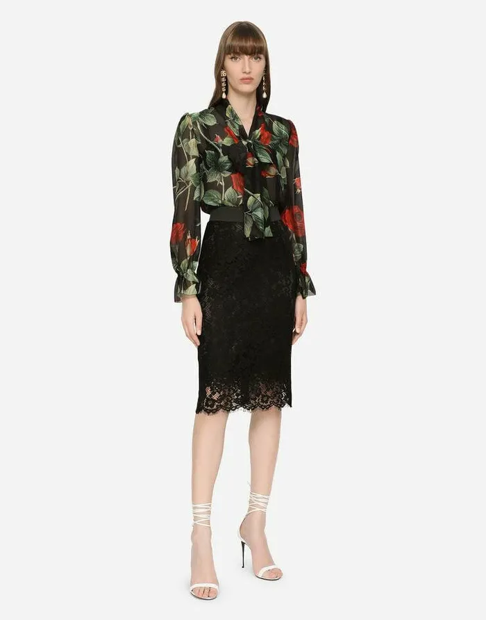 Dolce and Gabbana Shirts And Tops Women Textured Chiffon Pussybow Shirt With Rose Print Multicolor Dolce and Gabbana Shirts And Tops Women Textured Chiffon Pussybow Shirt With Rose Print Multicolor