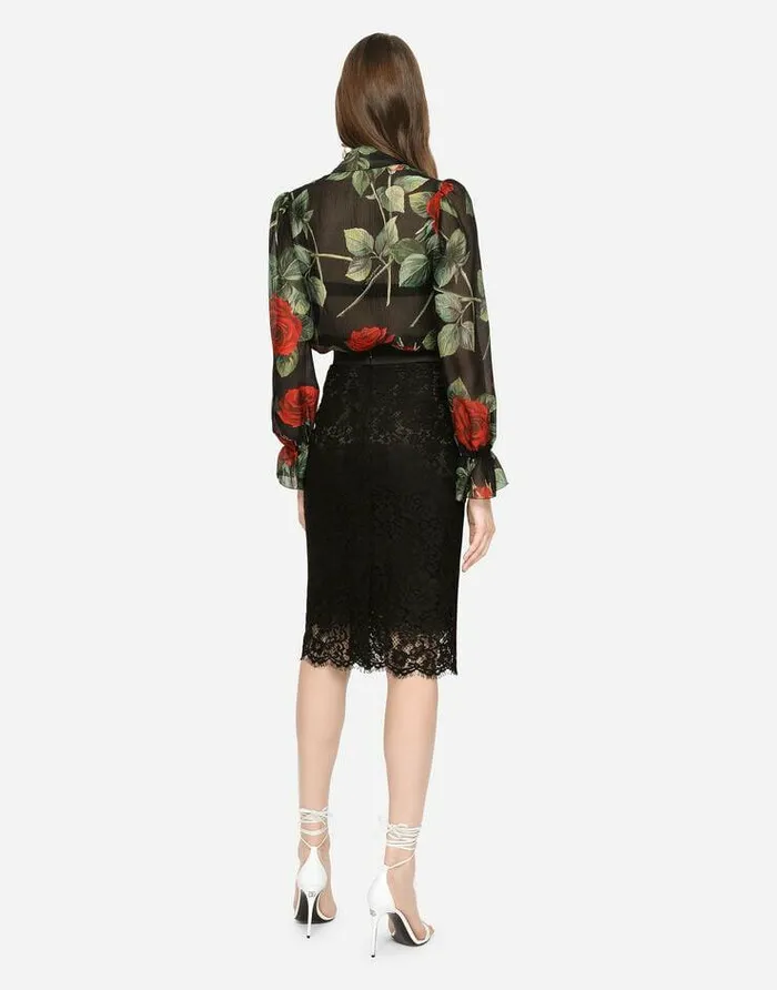 Dolce and Gabbana Shirts And Tops Women Textured Chiffon Pussybow Shirt With Rose Print Multicolor Dolce and Gabbana Shirts And Tops Women Textured Chiffon Pussybow Shirt With Rose Print Multicolor