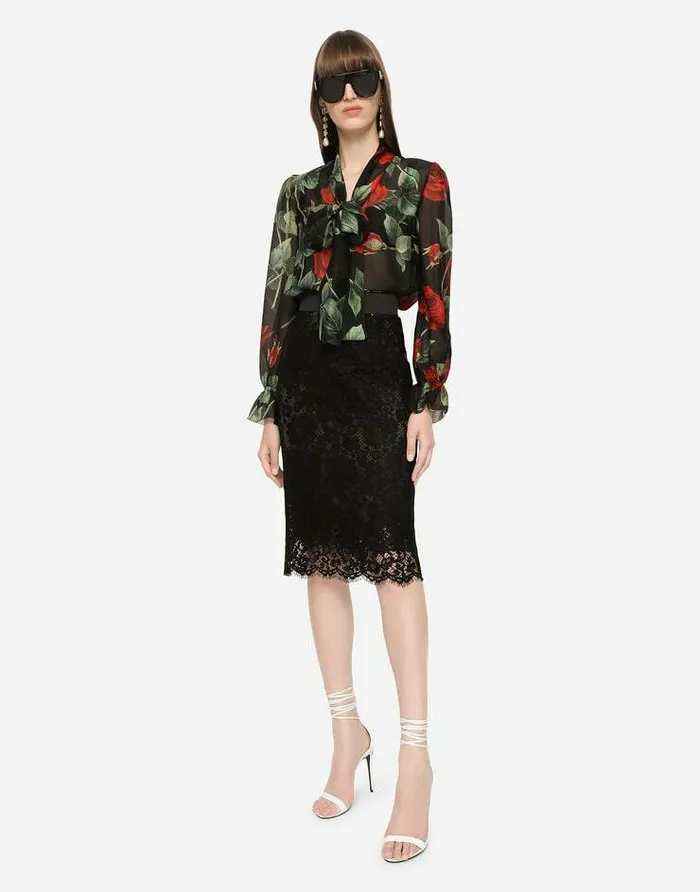 Dolce and Gabbana Shirts And Tops Women Textured Chiffon Pussybow Shirt With Rose Print Multicolor Dolce and Gabbana Shirts And Tops Women Textured Chiffon Pussybow Shirt With Rose Print Multicolor