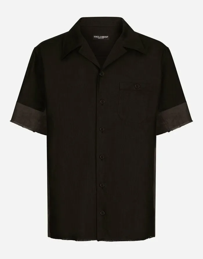 Dolce and Gabbana Shirts Men Linen Canvas Hawaiian Shirt With Inserts Black