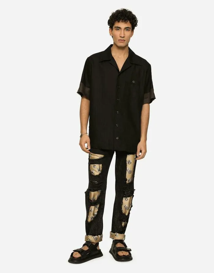 Dolce and Gabbana Shirts Men Linen Canvas Hawaiian Shirt With Inserts Black Dolce and Gabbana Shirts Men Linen Canvas Hawaiian Shirt With Inserts Black