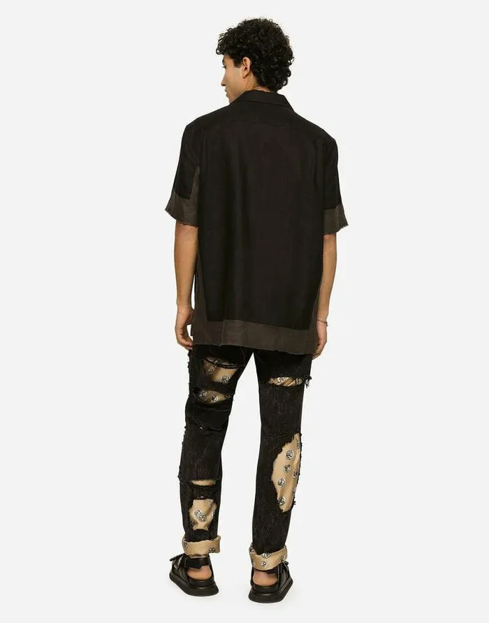 Dolce and Gabbana Shirts Men Linen Canvas Hawaiian Shirt With Inserts Black Dolce and Gabbana Shirts Men Linen Canvas Hawaiian Shirt With Inserts Black